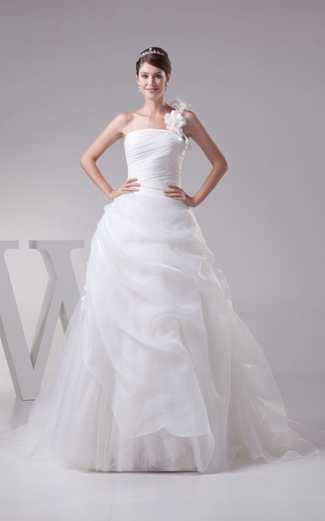 One-Shoulder Ruched A-Line Dress With Flower and Corset Back