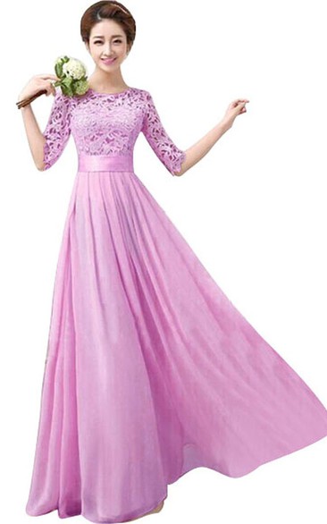 Half-sleeved Long Dress With Appliqued Bodice