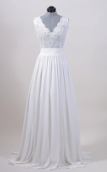 A-Line Sleeveless V-Neck Chiffon Dress With Lace Bodice and Cinched Waistband