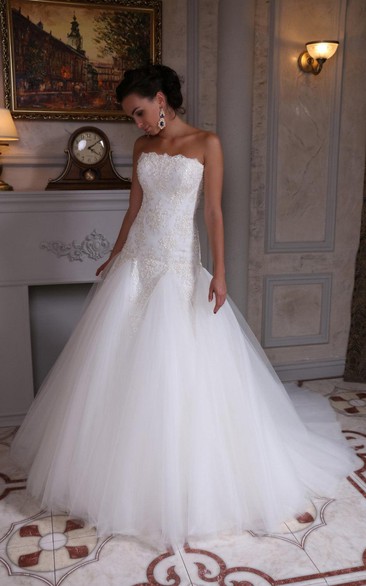 Strapless Lace and Tulle Dress With Dropped Waistline and Beadings