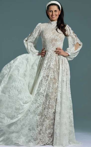 Vintage High-neck Puff-long-sleeve Lace Empire Modest Bohemian Wedding Dress with Pleats