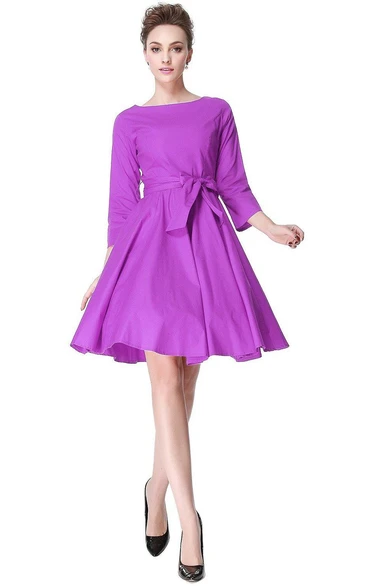 3-4 Sleeved A-line Dress with Pleats and Bow