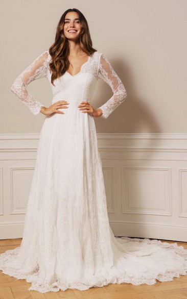 Elegant A Line V-neck Lace Floor-length Court Train Long Sleeve Deep-V Back Wedding Dress