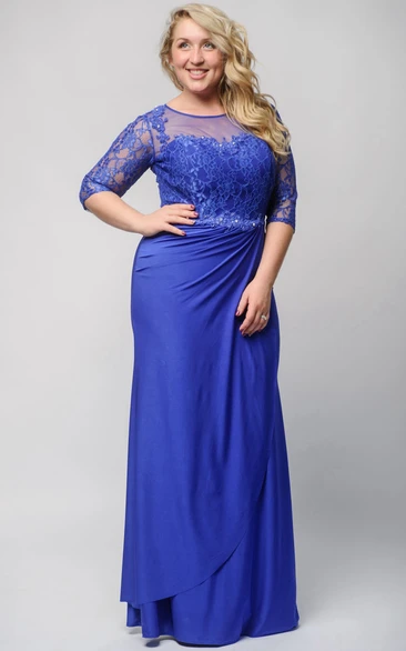 Sheath Floor-Length Jewel Half Sleeve Jersey Beading Lace Zipper Dress