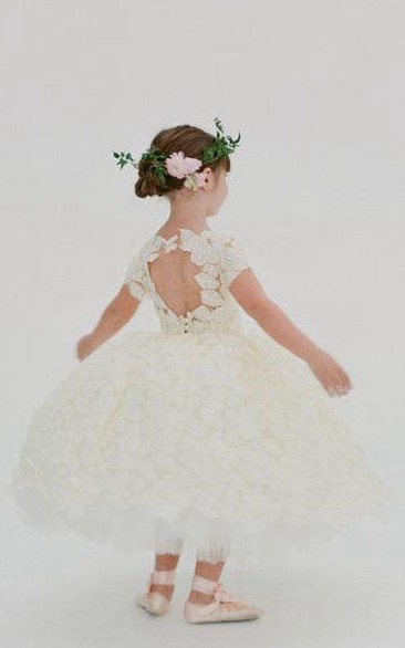 Flower Girl Short Sleeve All Over Lace Ball Gown With Keyhole