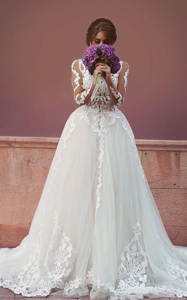 Delicate Tulle Lace Appliques Detached Wedding Dress Long Sleeve