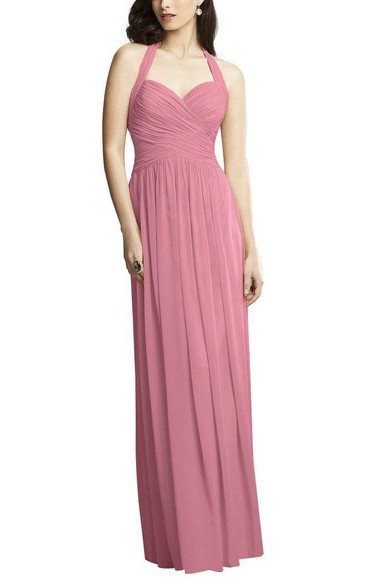 Halter Ruched Long Chiffon Dress with Keyhole Back