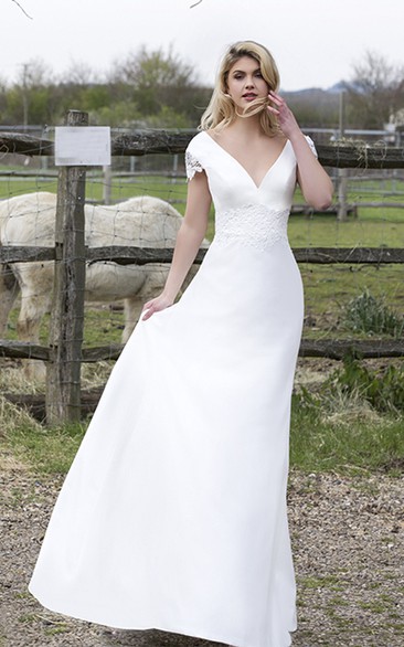 Plunging V-neck  With Floral Cap Sleeves Satin Bridal Gown With Appliques