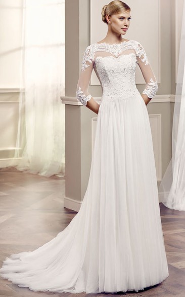 Bateau Floor-Length Beaded Half Sleeve Tulle Wedding Dress