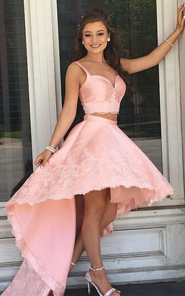Satin Lace High-Low Two Piece Sleeveless Romantic Adorable Homecoming Dress