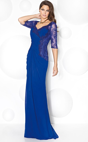 Sheath V-Neck Half Sleeve Appliqued Chiffon Mother Of The Bride Dress With Draping