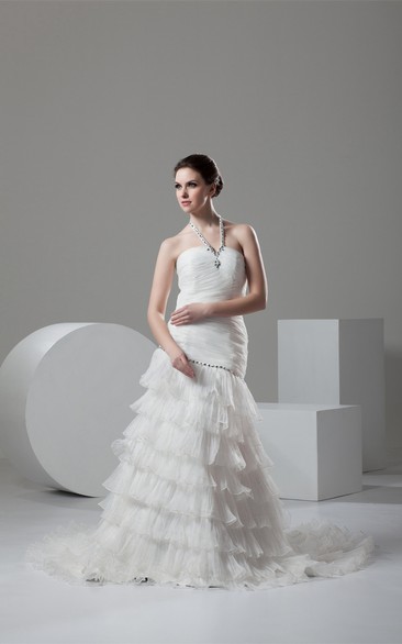 Sleeveless A-Line Ruched Tiers and Dress With Beading