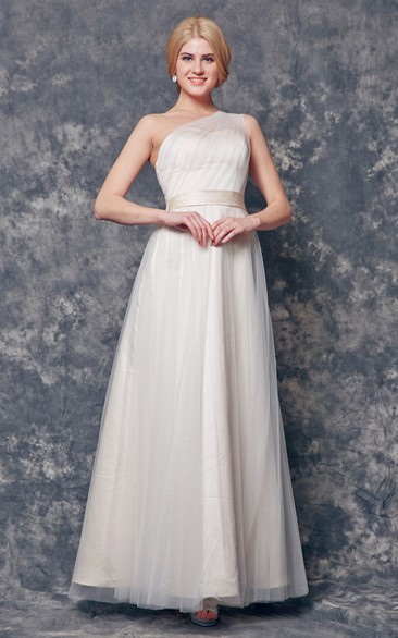 Magical One Shoulder Pleated Long Tulle Dress With Ruching