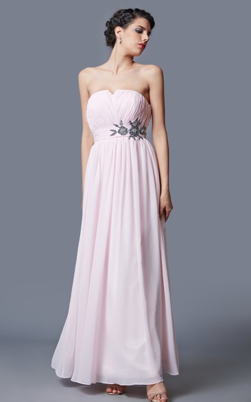 Sleeveless V-cut Neck Long Chiffon Dress With Floral Embellishment
