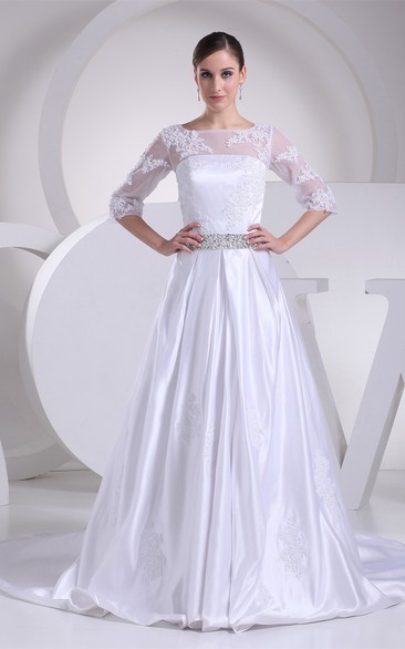 Long A-Line 3-4 Length Satin Sleeve Dress With Lace Illusion and Beading Belt