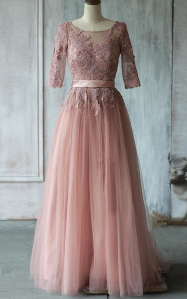 Scoop Neck Half Sleeve Pleated A-line Tulle Long Dress With Lace Up