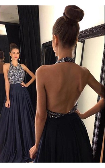 Sexy Black Halter Prom Dresses Backless Long Chiffon With Beadings