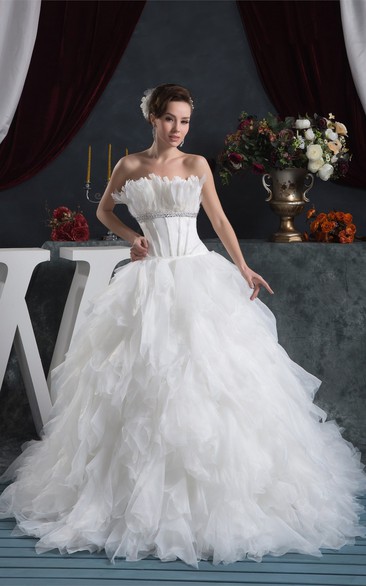 Strapless A-Line Ruffled Jeweled Waist and Gown With Tiers