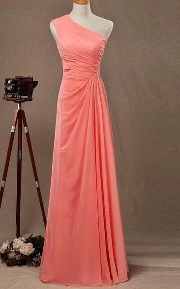 One Shoulder A-line Pleated Chiffon Floor Length Dress With Ruching