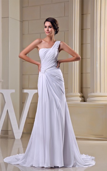 Criss Cross One Shoulder Ruched Chiffon Gown With Pleats and Court Train
