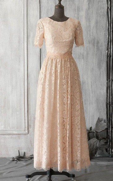Scoop Neck Short Sleeve Allover Lace A-line Pleated Long Dress With Keyhole