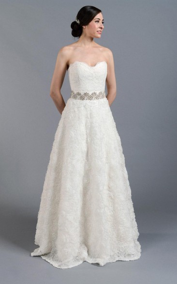 A-Line Lace Sweetheart Strapless Dress With Beaded and Bow Sash