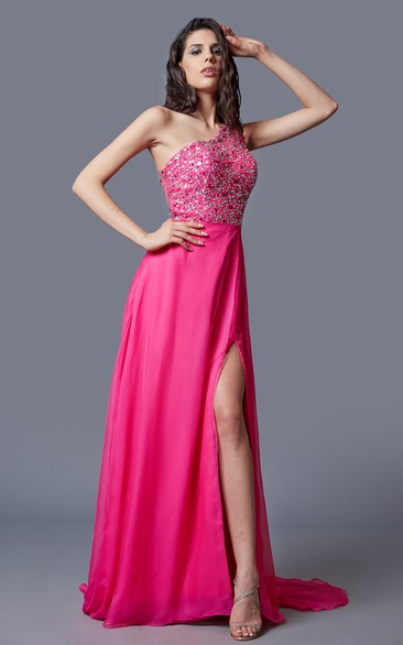 Stunning One-shoulder Multicolor-beaded Chiffon Prom Gown With Sheer Back