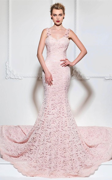 Elegant Open Back Lace Mermaid Gown With Floral Appliqued Straps