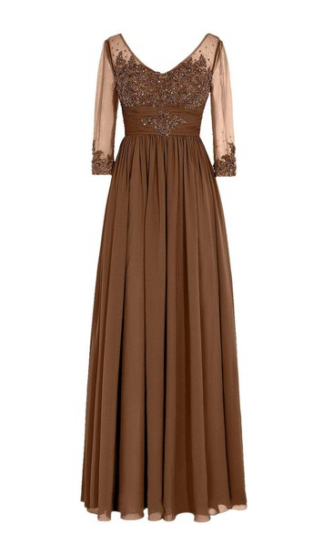 3-4 Sleeved V-neck Chiffon Gown With Illusion Sleeves