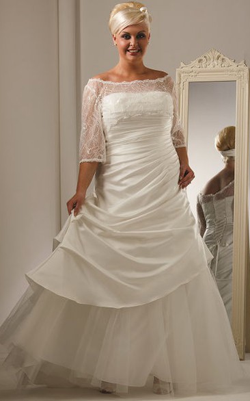 Off Shoulder Lace Half Sleeve Taffeta Bridal Gown With Tulle Skirt