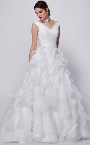 A-Line Cap-Sleeve Long V-Neck Ruched Organza Wedding Dress With Ruffles And Tiers