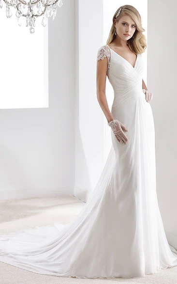 V-Neck Sheath Chiffon Simple Wedding Dress With Bandage Waist And Illusive Sleeves And Back