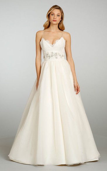 Refined Spaghetti Strap Lace Bodice Organza Ball Gown With Lace Up Back