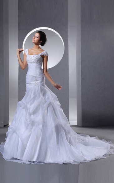 Queen Anne Neckline Organza Dress With Ruffles and Beading