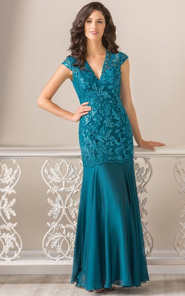 Cap-Sleeved V-Neck Long Mother Of The Bride Dress With Keyhole Back And Dropped Waistline