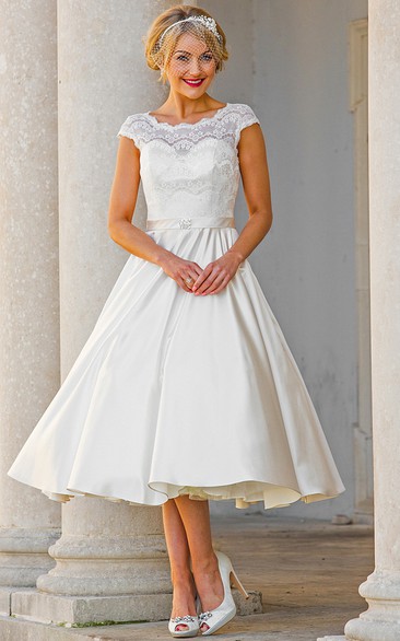 Tea-Length A-Line Cap Sleeve Lace Scoop Neck Satin Wedding Dress