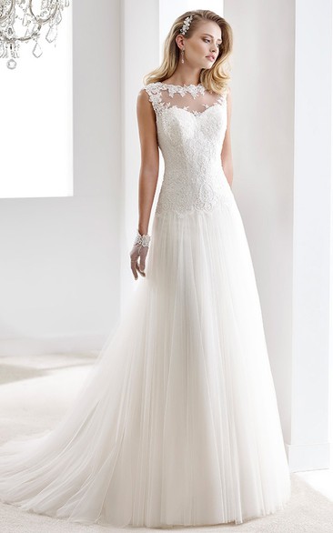 Cap Sleeve Draping Chiffon Gown With Lace Bodice And Illusive Neckline