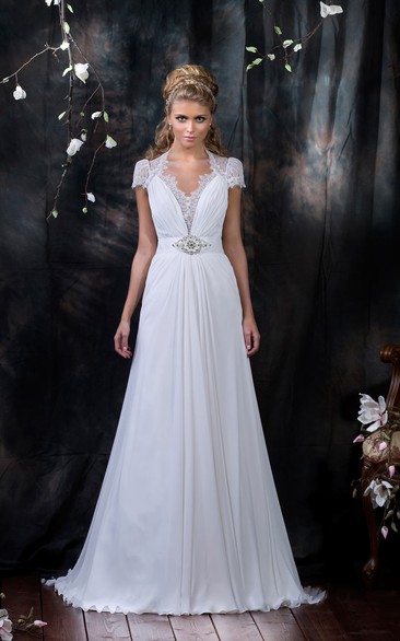 A-Line Floor-Length V-Neck Cap-Sleeve Illusion Chiffon Dress With Lace And Beading