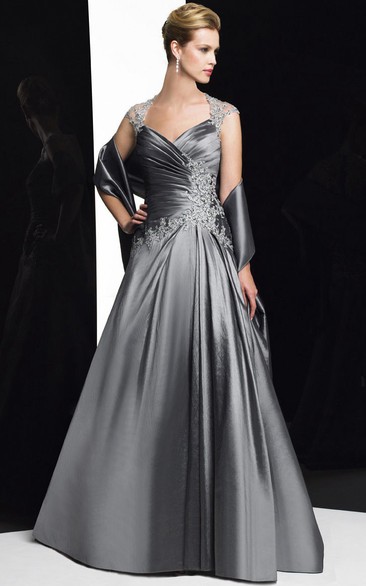 A-Line Maxi Appliqued Sleeveless Queen Anne Satin Formal Dress