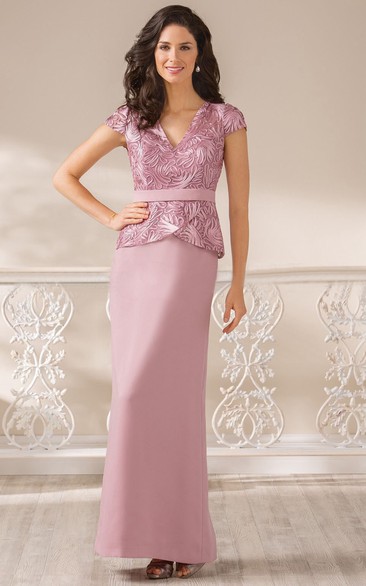 V-Neck Cap-Sleeved Long Peplum Style Gown With Appliques