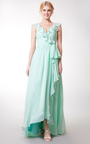 Tiered Short Sleeve V Neck Chiffon Gown With Draping