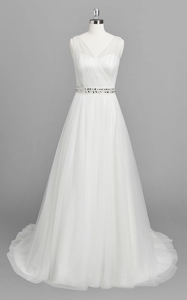 V-neck Sleeveless A-line Tulle Wedding Dress With Beaded Waist