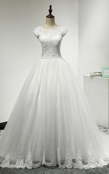 Cap Sleeve Jewel Neckline A-Line Tulle Dress With Lace Bodice and Lace Hemline
