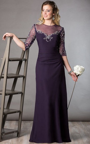 High Neck Half Sleeve Sheath Long Mother Of The Bride Dress With Embroidery And Crystal