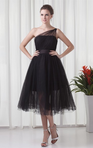 One-Shoulder Tulle Tea-Length A-Line Dress With Ruching