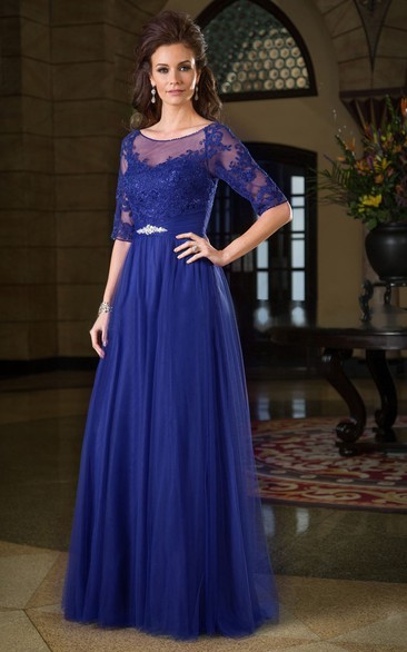 Half-Sleeved A-Line Gown With Appliques And Pleats