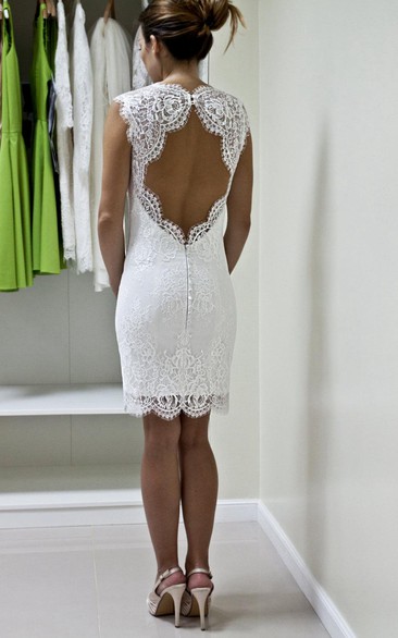Form-Fitted Lace Sleeveless Dress With Queen Anne Neckline and Keyhole Back