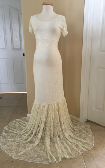 Lace Mermaid Illusion Short Sleeve Scoop Maternity Wedding Dress