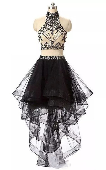 Two Piece Sleeveless Tulle High Neck Keyhole High-low Homecoming Dress