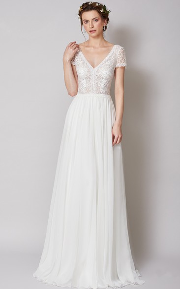 Bohemian A Line V-neck Chiffon Bridal Gown with Ruching